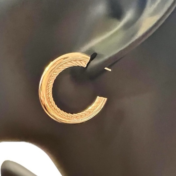 Vintage Gold post hoops with high shine and braided texture statement earrings - Picture 7 of 10